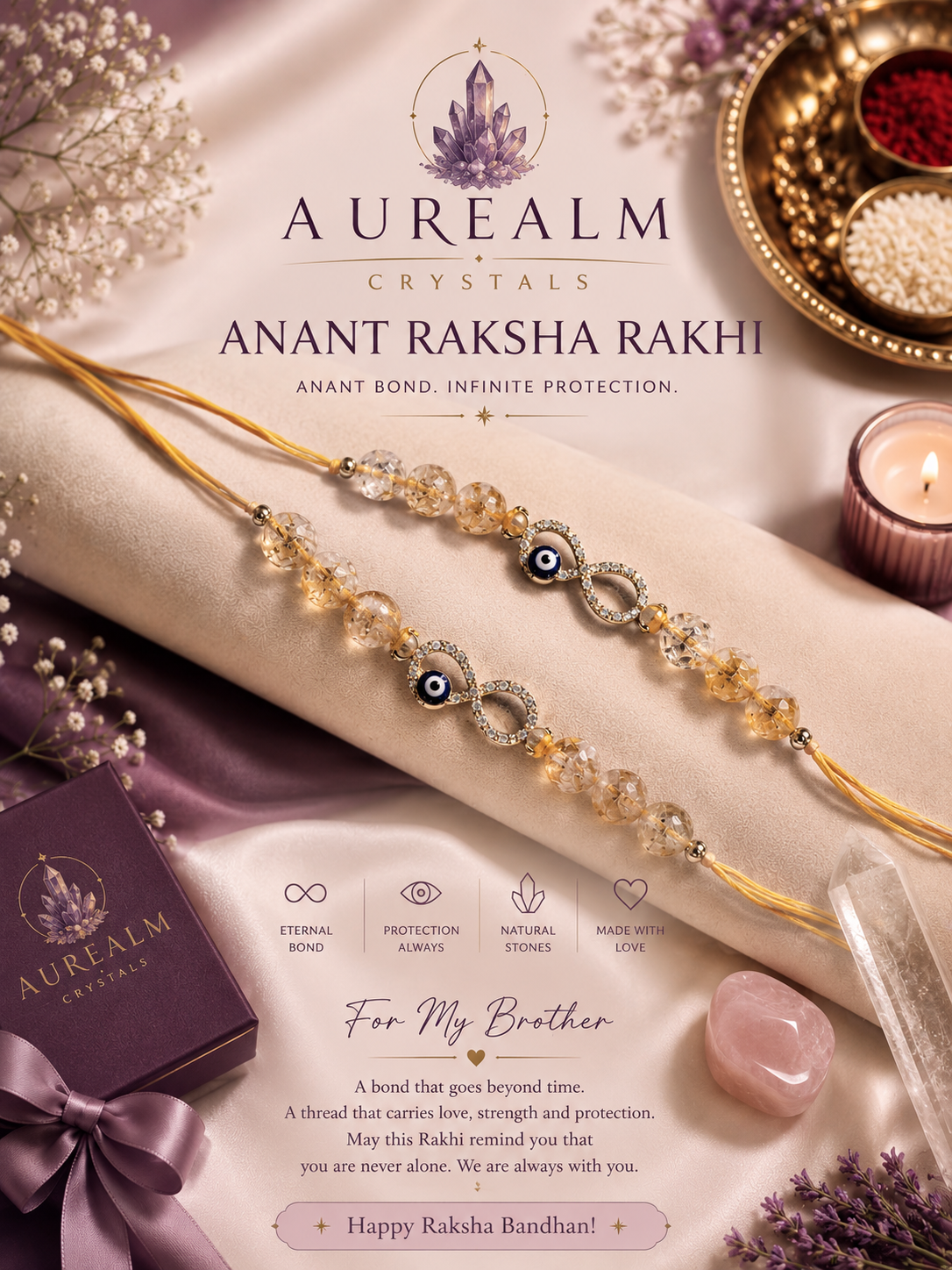 An Aurrealm Crystals Anant Raksha Rakhi bracelet for brothers, featuring gold-plated metal, clear crystals, and evil eye beads, presented on a cream fabric roll with a purple gift box, candles, and decorative elements.