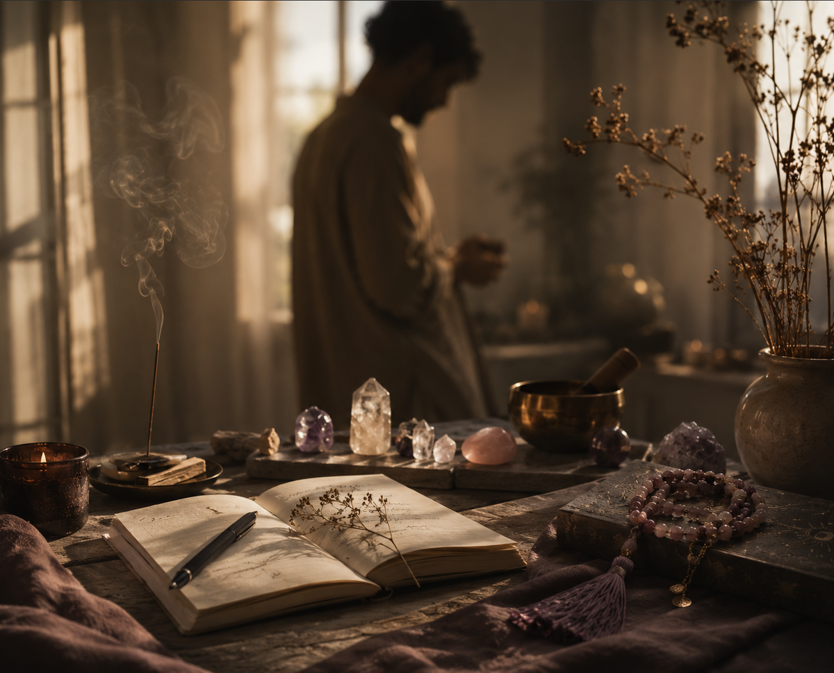Aurealm ritual objects arranged in a calm studio setting