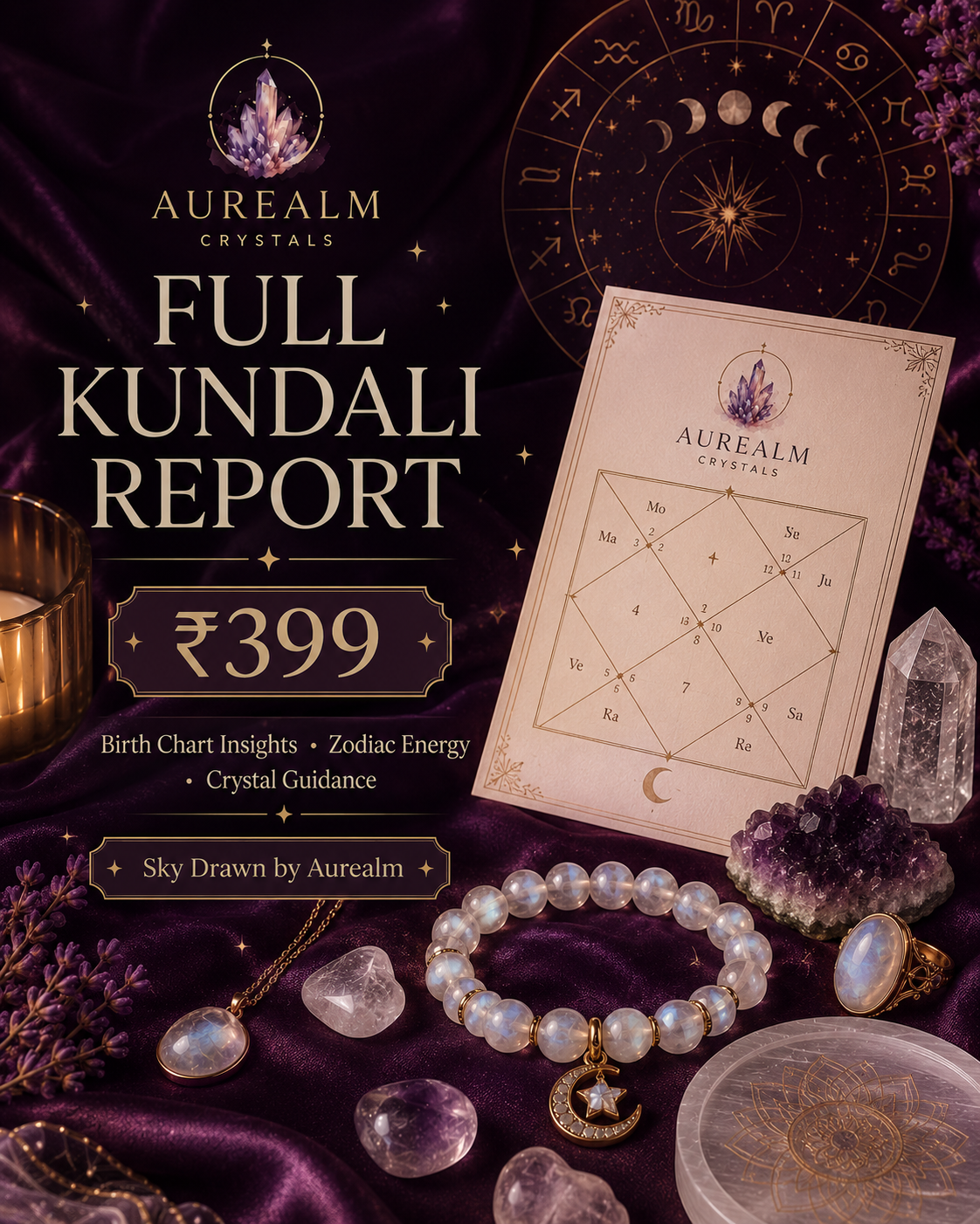 Aurealm Sky Drawn Vedic reading preview with celestial chart symbolism