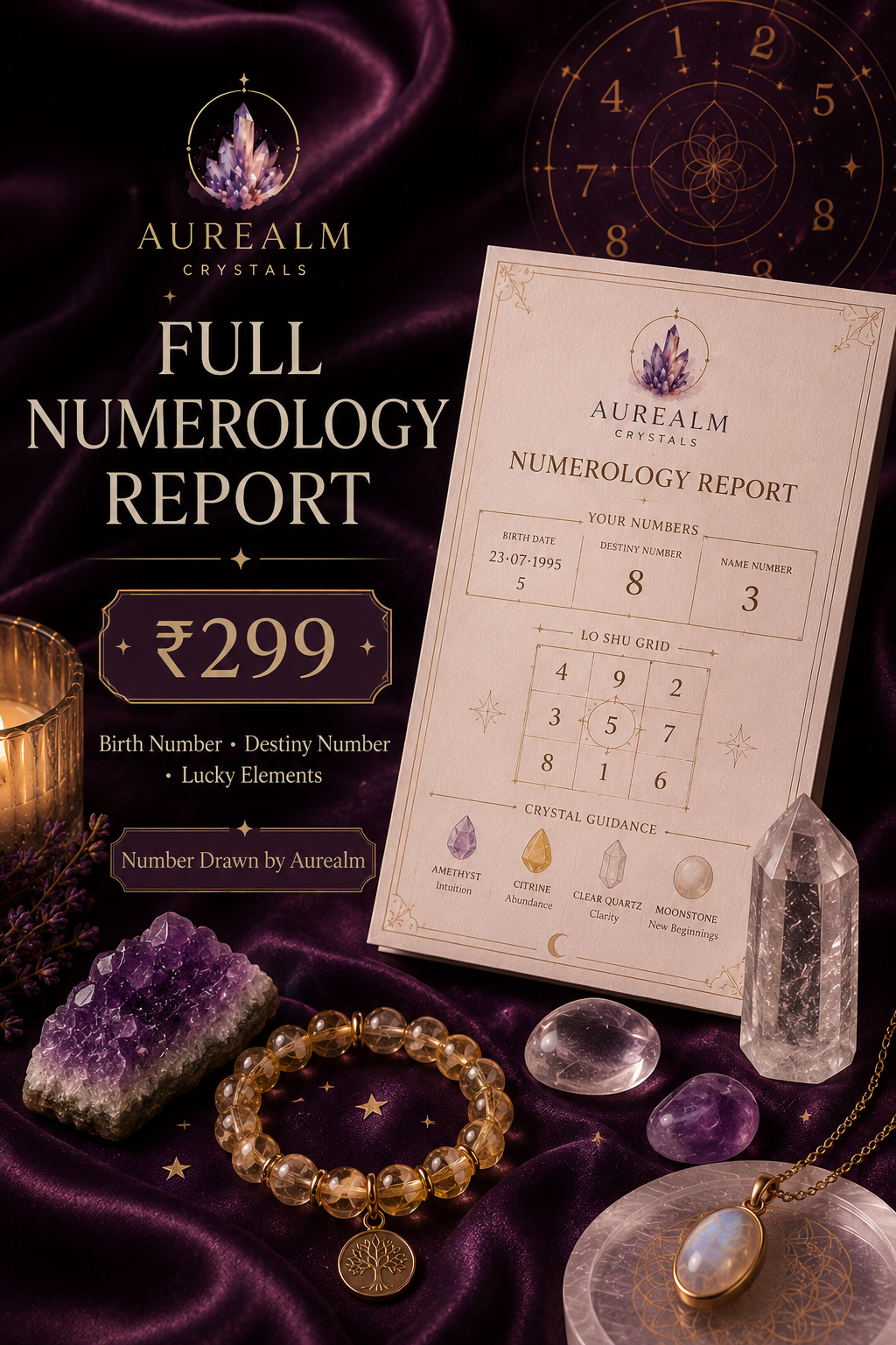 Aurealm Number Drawn numerology reading preview with sacred number-grid symbolism