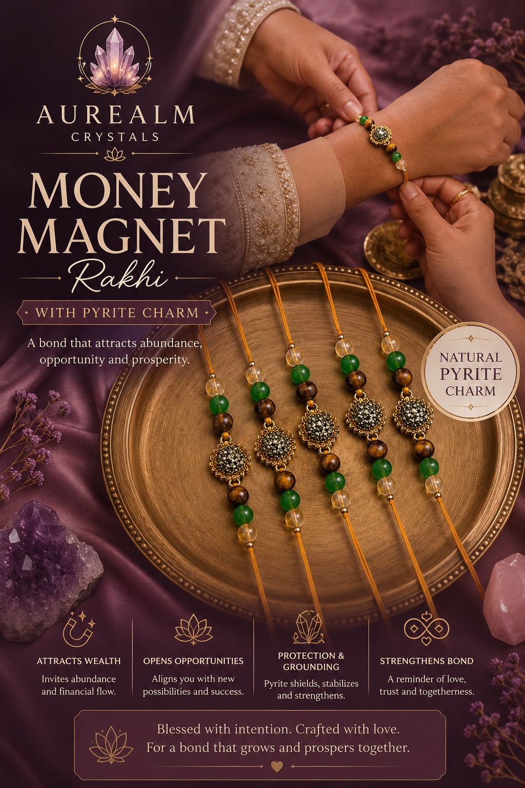 Money Magnet Rakhi with Pyrite Charm by Aurealm Crystals