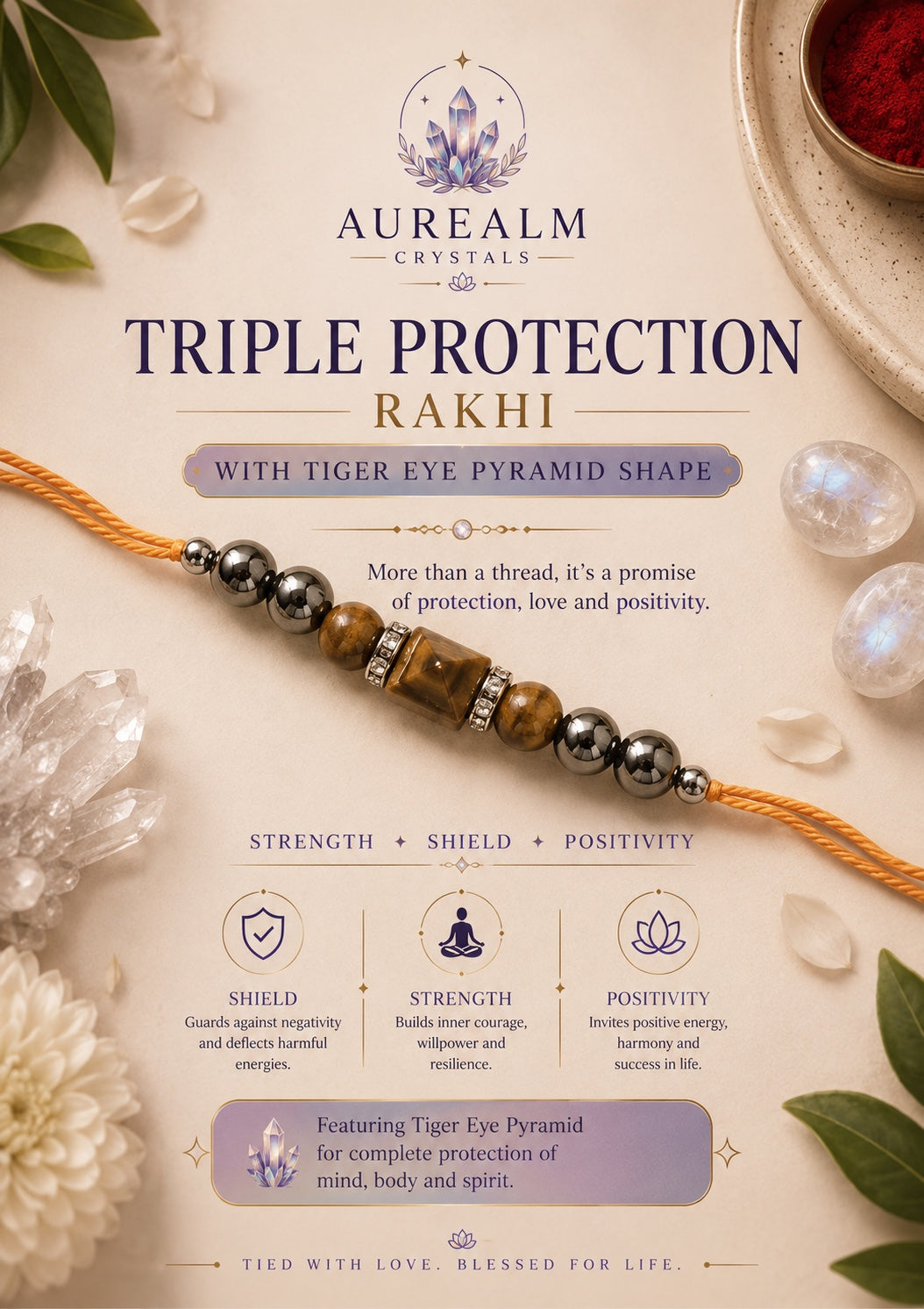Triple Protection Rakhi with Tiger Eye Pyramid Shape by Aurealm Crystals