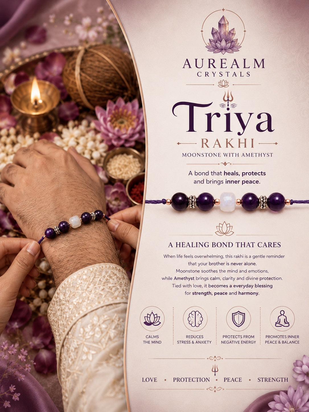 Triya Moonstone and Amethyst Rakhi by Aurealm Crystals
